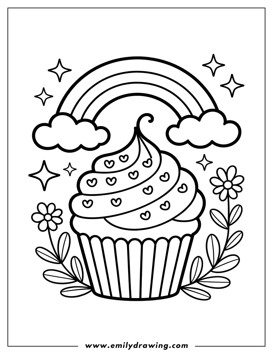 Outline of a cupcake decorated with hearts and topped with a rainbow, clouds, and sparkles. Flowers and leaves frame the cupcake.