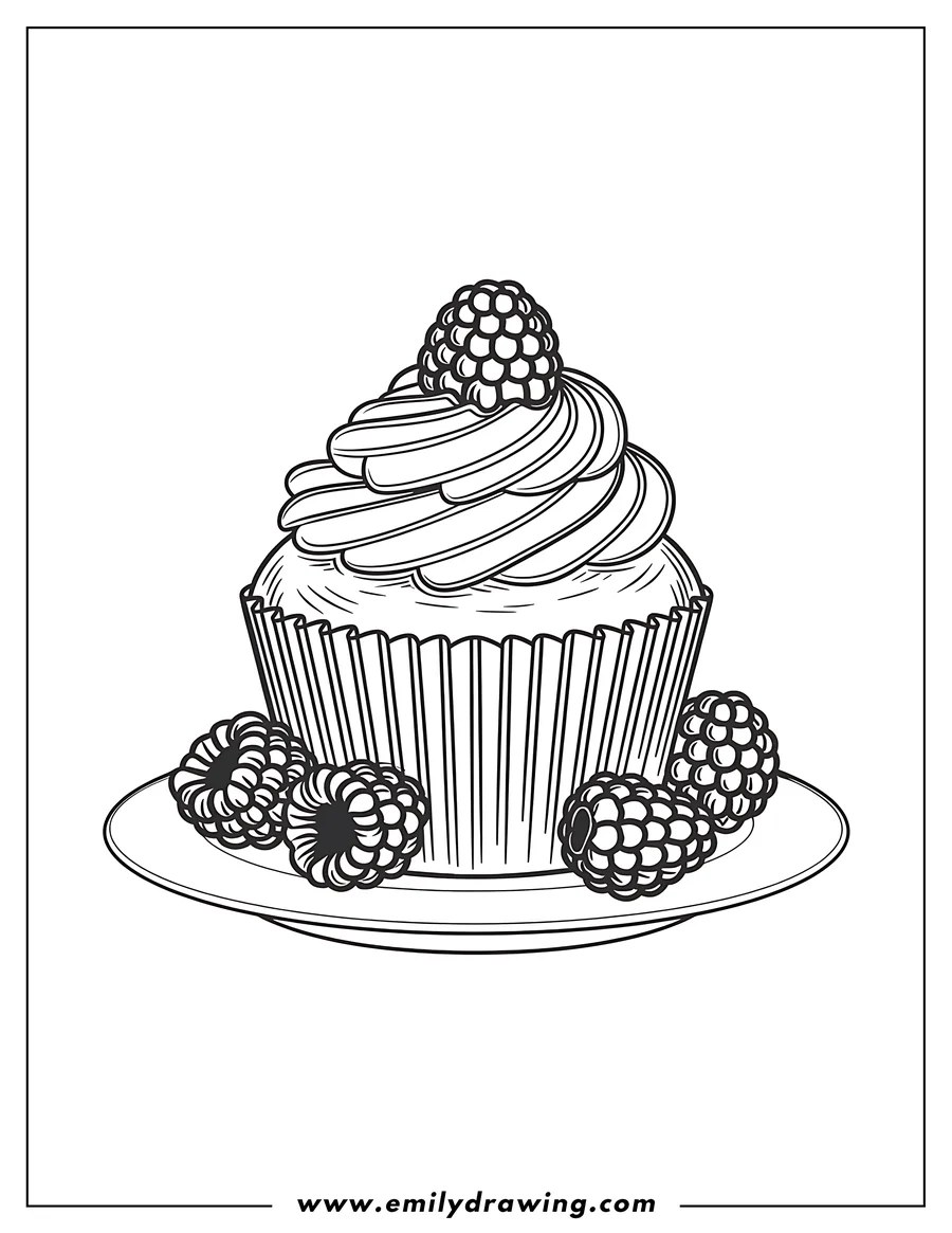 Line art of a cupcake with swirled frosting topped with a raspberry, sitting on a plate with more raspberries.