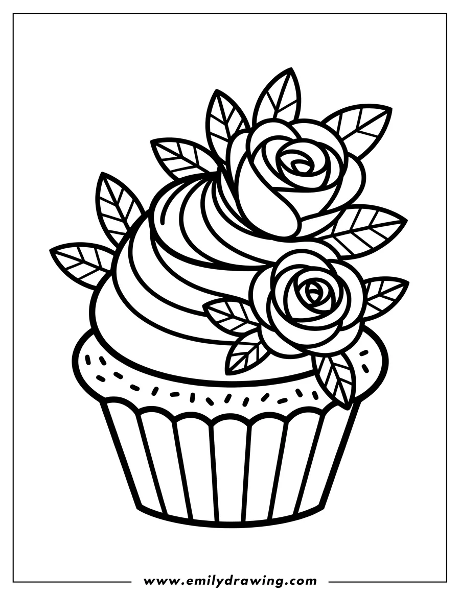 Outline of a cupcake decorated with roses and leaves. The frosting is swirled on top.