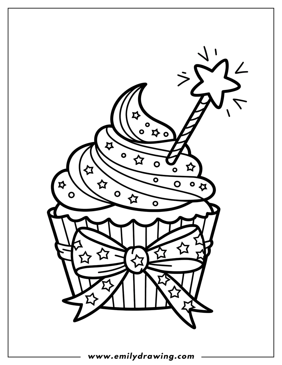 Line art of a cupcake with a star-shaped sparkler and a bow tied around its base. The frosting and the bow are decorated with small stars.
