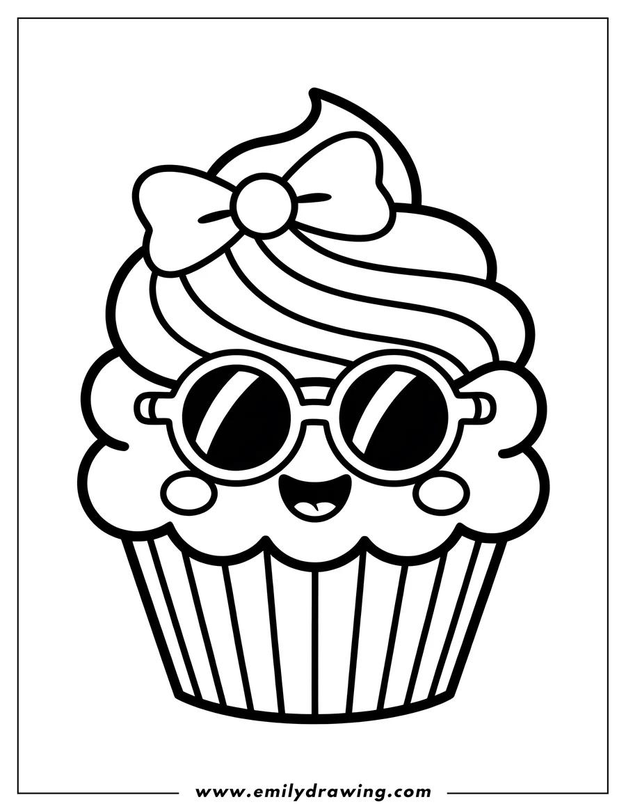 Outline of a cupcake wearing sunglasses and a bow.