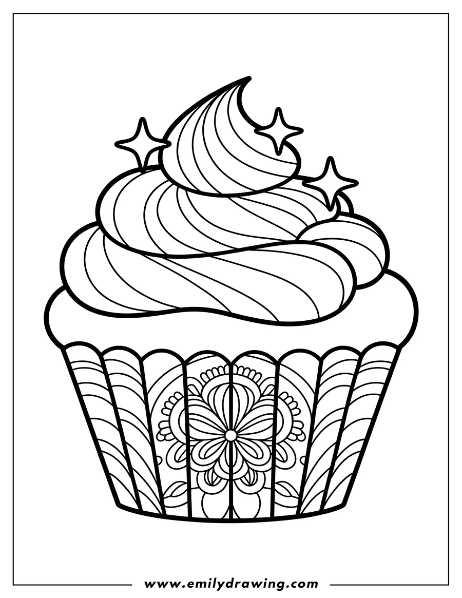 Line art of a cupcake with swirled frosting and a floral design on the wrapper.