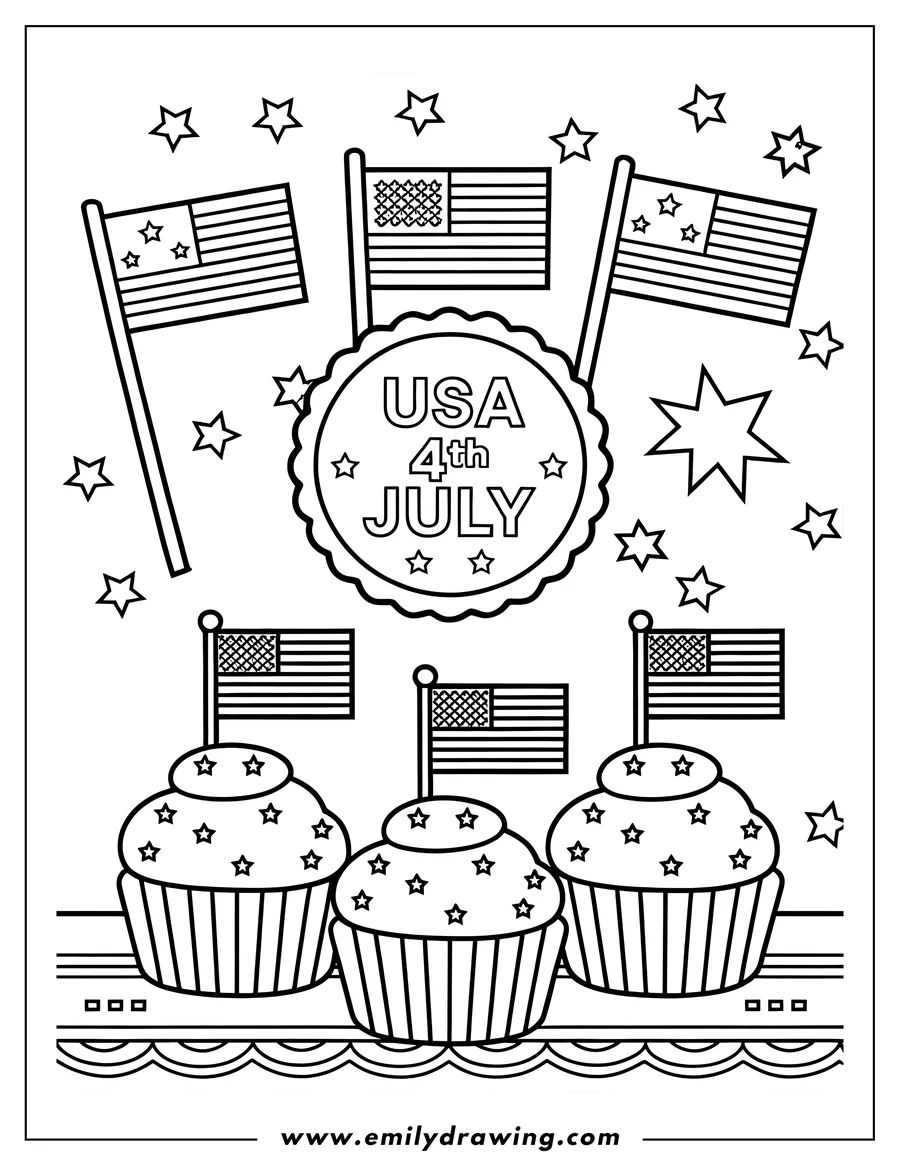 Line art of three cupcakes decorated with American flags and star sprinkles, surrounded by more flags and stars for the 4th of July.