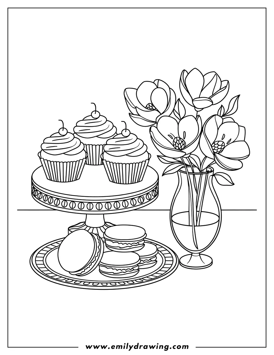 Line art of three cupcakes with cherries on a decorative stand, a plate of macarons, and magnolias in a vase.