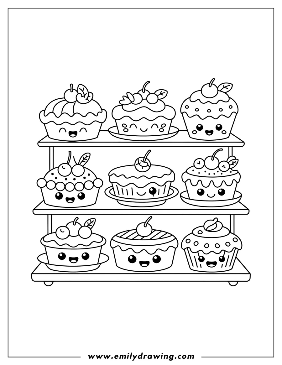 Line art of cupcakes and pies on shelves. Each treat has a cute, smiling face. Ready to be colored!