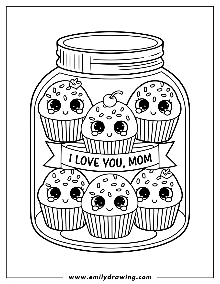 Outline of five cute cupcakes inside a glass jar. They have sprinkles and big eyes. One cupcake has a cherry on top. A ribbon around the jar says 'I love you, Mom'.