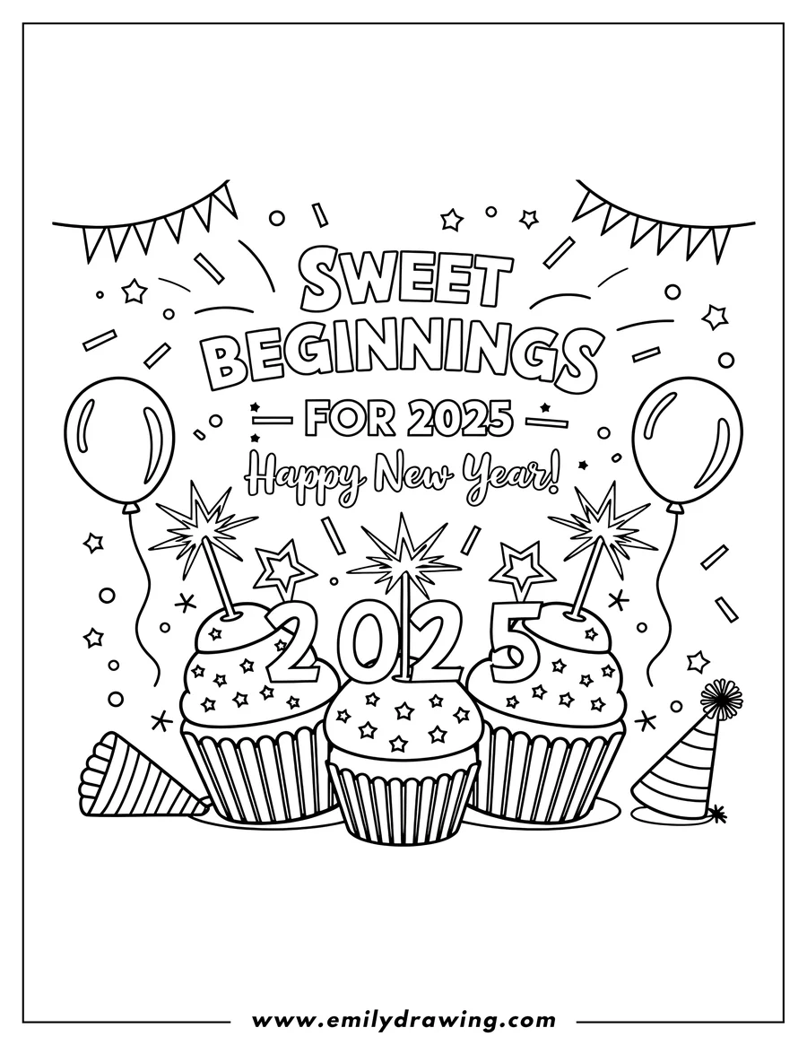 Outline of three cupcakes decorated with stars and sparklers for New Year 2025, surrounded by balloons, party hats, and festive elements.