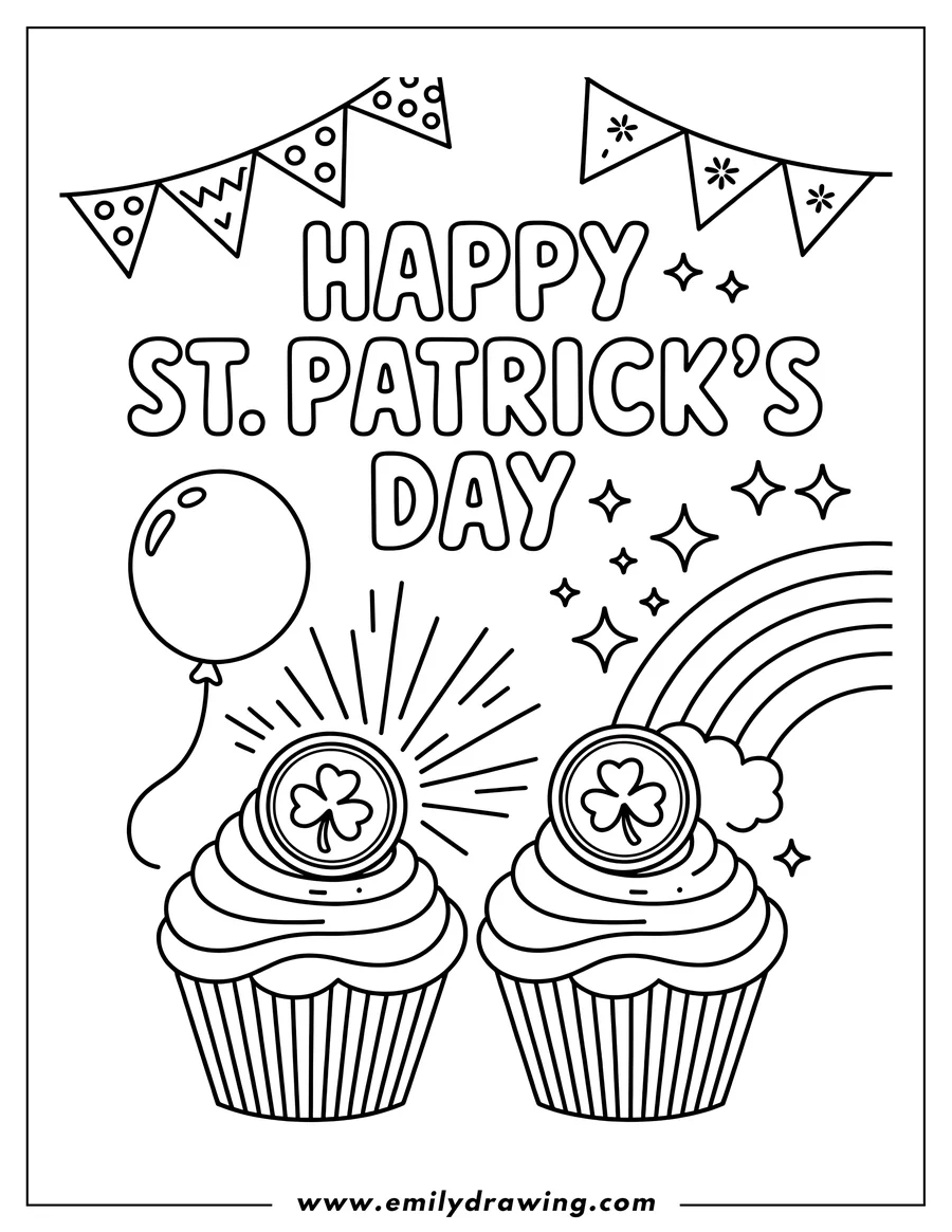 Outline of two cupcakes decorated with shamrocks for St. Patrick's Day, with festive decorations including a balloon, rainbow, and banners.