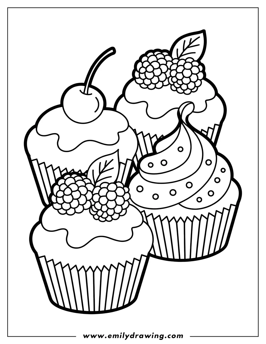 Outline of three cupcakes. One topped with a cherry, two with raspberries, and one with swirled frosting.