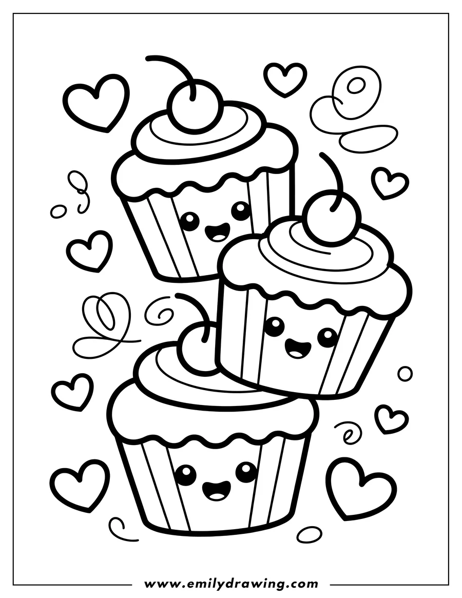 Outline of three kawaii cupcakes with cherries on top, surrounded by decorative hearts.