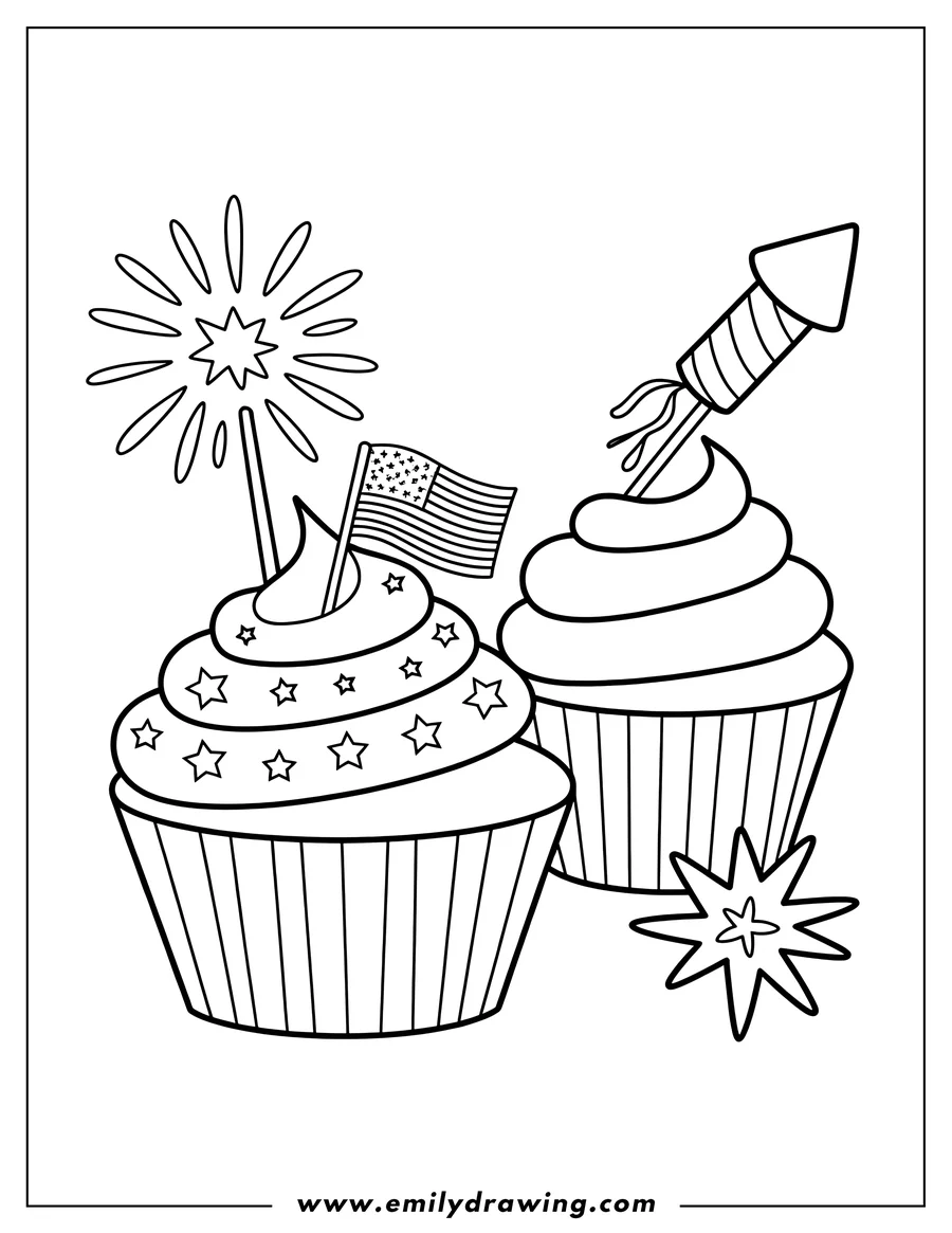 Line art of two cupcakes decorated for a celebration. One cupcake has a sparkler and an American flag, and the other has a small firework rocket. A firework starburst is visible in the foreground.
