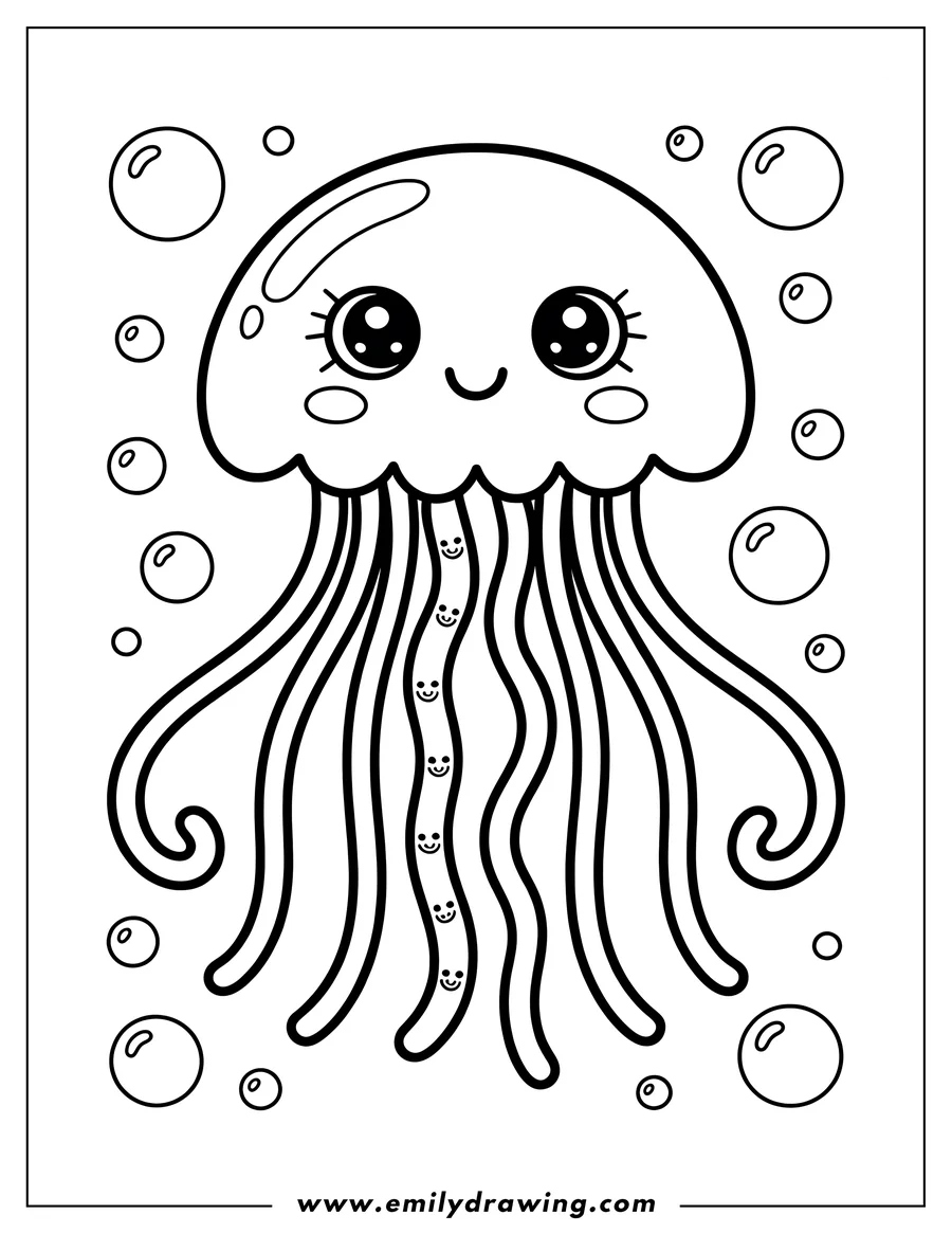 Outline drawing of a jellyfish with large eyes and smiling bubbles floating among smaller bubbles. The jellyfish's tentacles curl slightly at the ends.