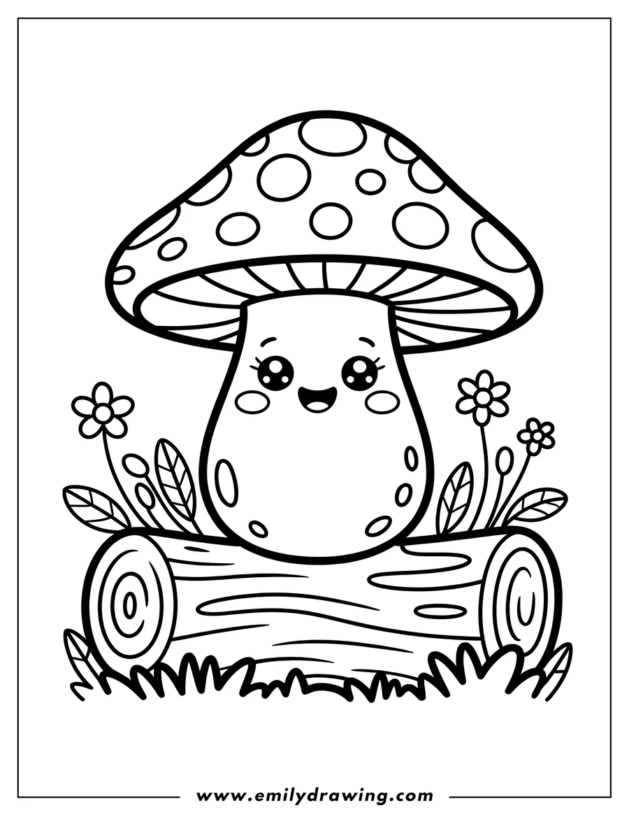 Outline of a cute, smiling mushroom growing on a log, surrounded by small flowers and grass.