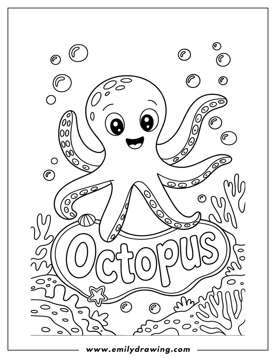Outline of a cheerful octopus with bubbles, floating above coral and seaweed. It has large eyes and a happy smile.