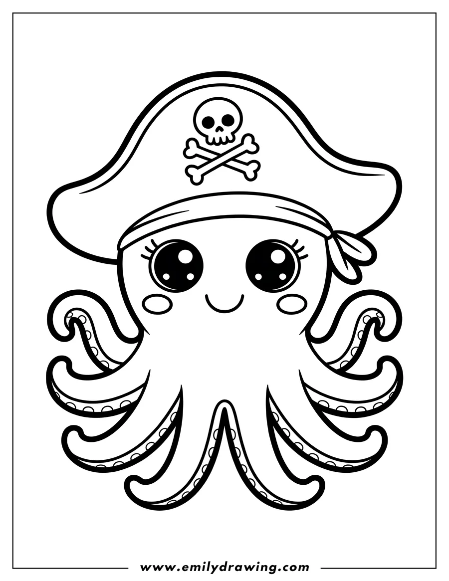 Outline of a cute octopus wearing a pirate hat with a skull and crossbones and a bandana.