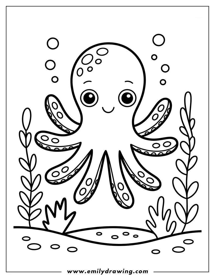 Outline of a cute octopus with seaweed and bubbles.