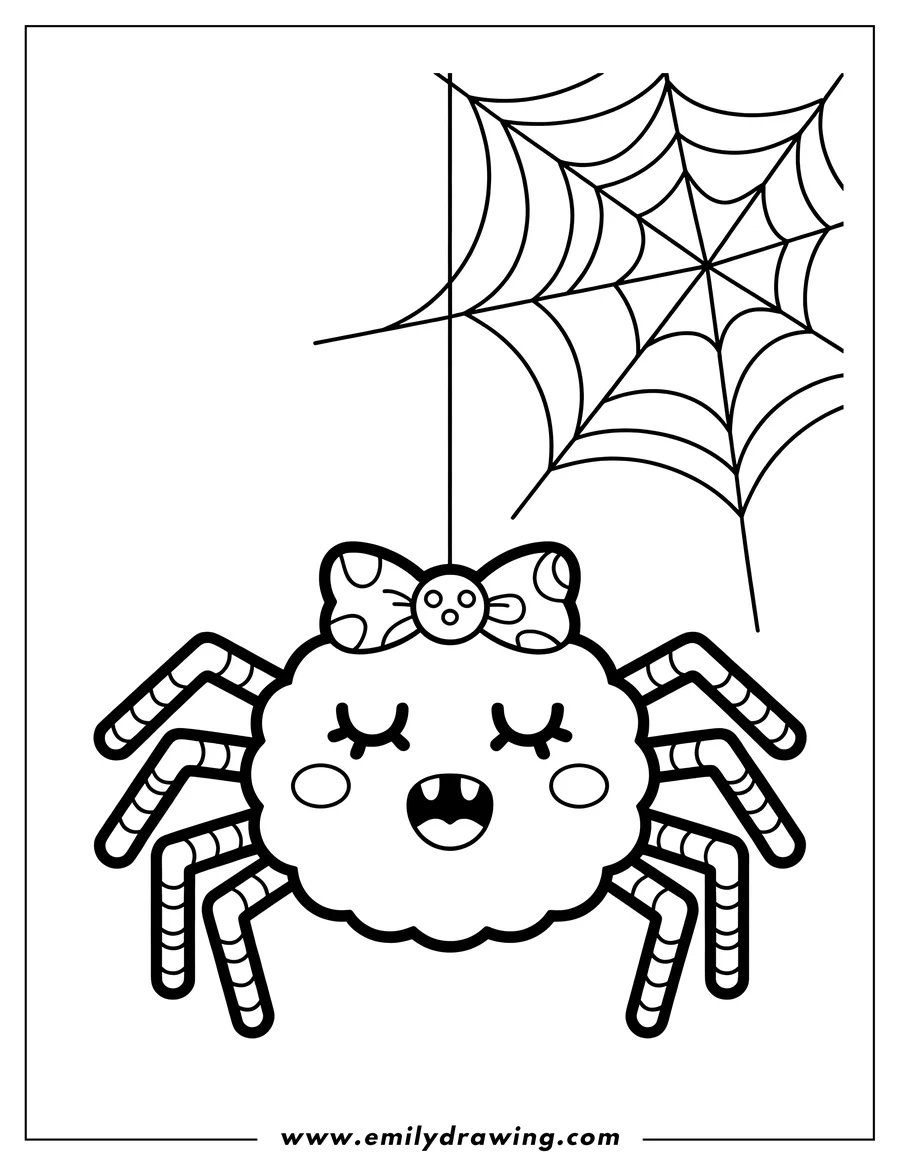 Line art of a cute spider with a bow and fangs hanging from its web.
