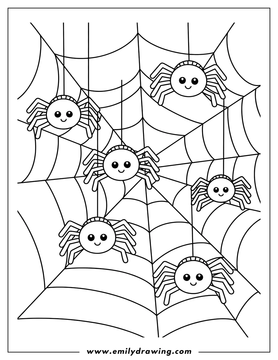 Outline of six cute spiders hanging on a spiderweb. They have big eyes and simple bodies, ready for coloring.