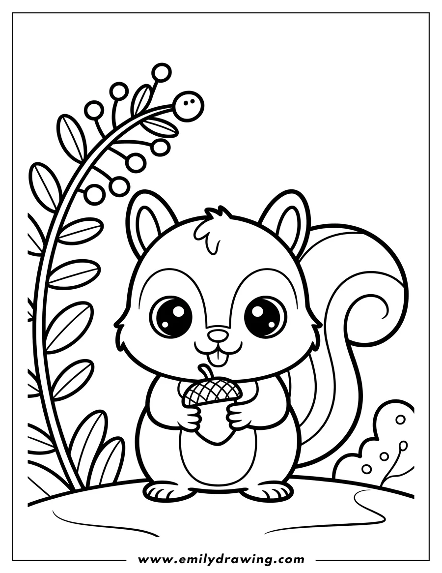 Outline of a cute squirrel with large eyes, holding an acorn. It's standing in a simple natural setting with stylized leaves and berries.