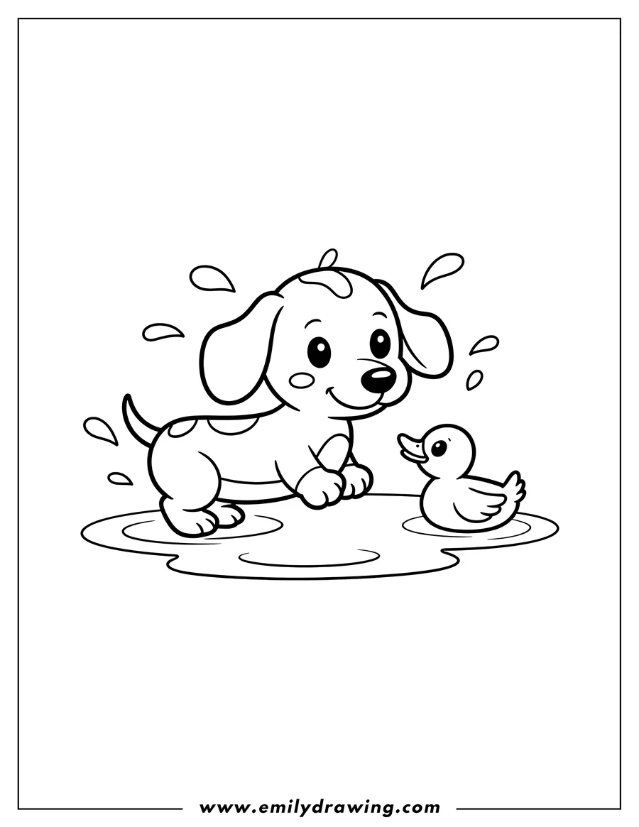 Line art of a dachshund and a duckling playing together in a puddle. The dachshund has spots and is looking happily at the duckling, who is floating calmly.