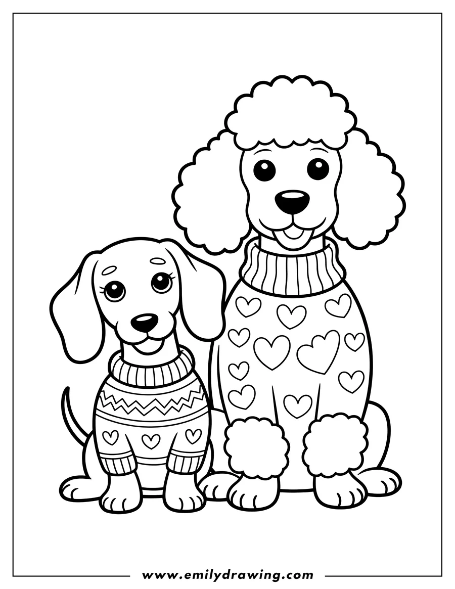 Outline of a dachshund and a poodle wearing heart-patterned sweaters.