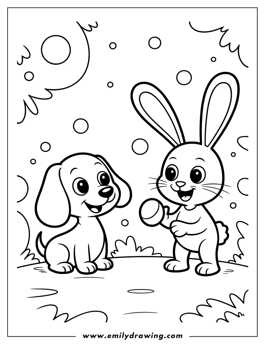 Outline of a dachshund puppy and a rabbit holding a ball, ready to play.