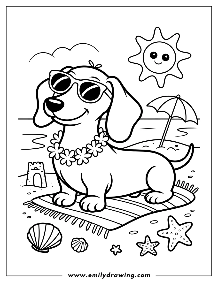 Line art of a dachshund wearing sunglasses and a flower lei, standing on a beach towel. There are seashells, starfish, a sandcastle, a beach umbrella, and a smiling sun in the background.