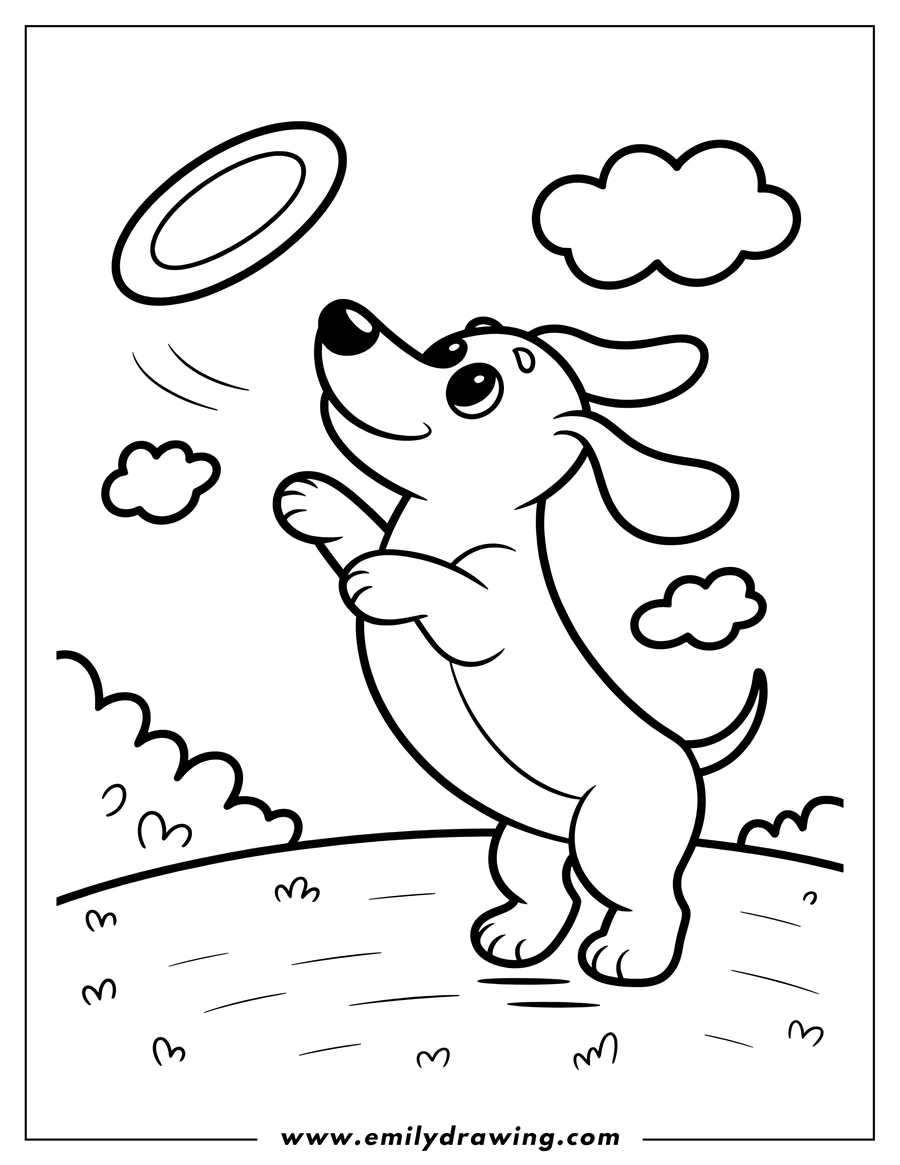 Line art of a dachshund standing on its hind legs, reaching up to catch a frisbee in the air.