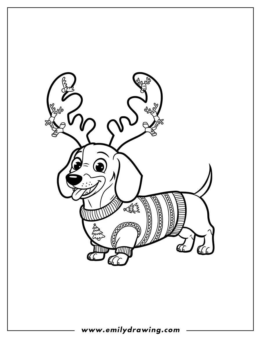 Line art of a dachshund wearing a Christmas sweater with trees on it and reindeer antlers.