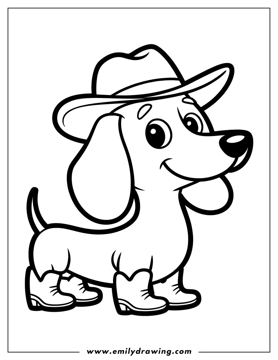 Outline of a dachshund wearing a cowboy hat and boots, ready for some Western fun.