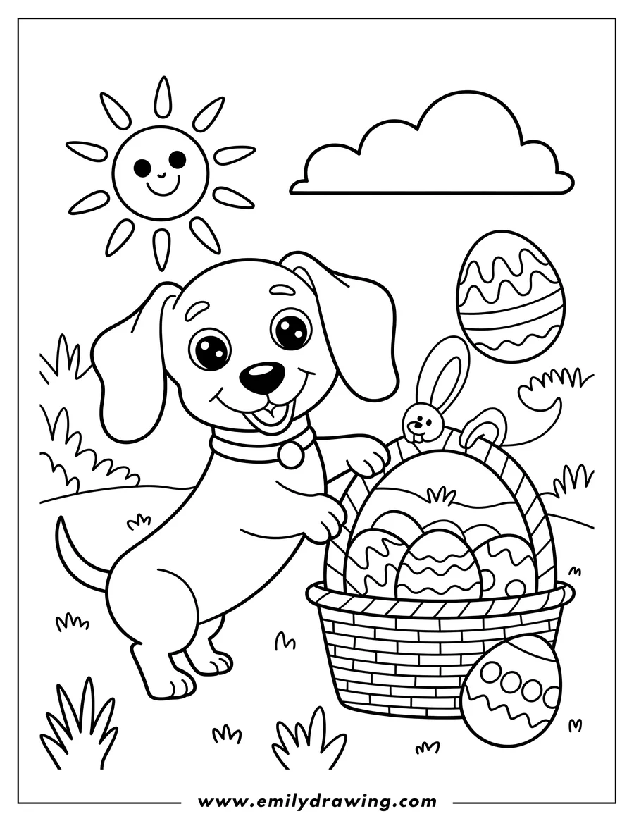 Line art of a dachshund with a basket of Easter eggs. A small bunny is peeking out from behind the eggs. The sun is shining and there's a fluffy cloud in the sky.