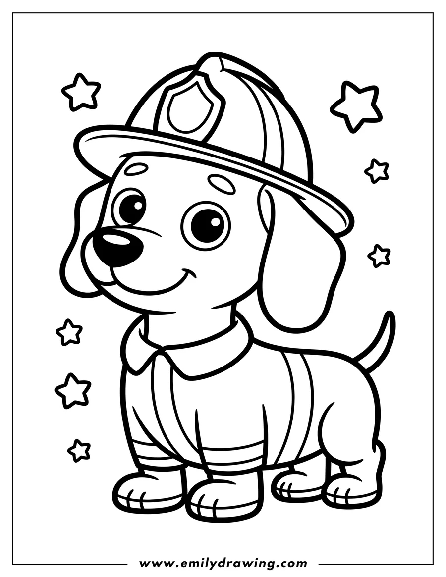Outline of a dachshund wearing a firefighter uniform and hat. Stars twinkle in the background.