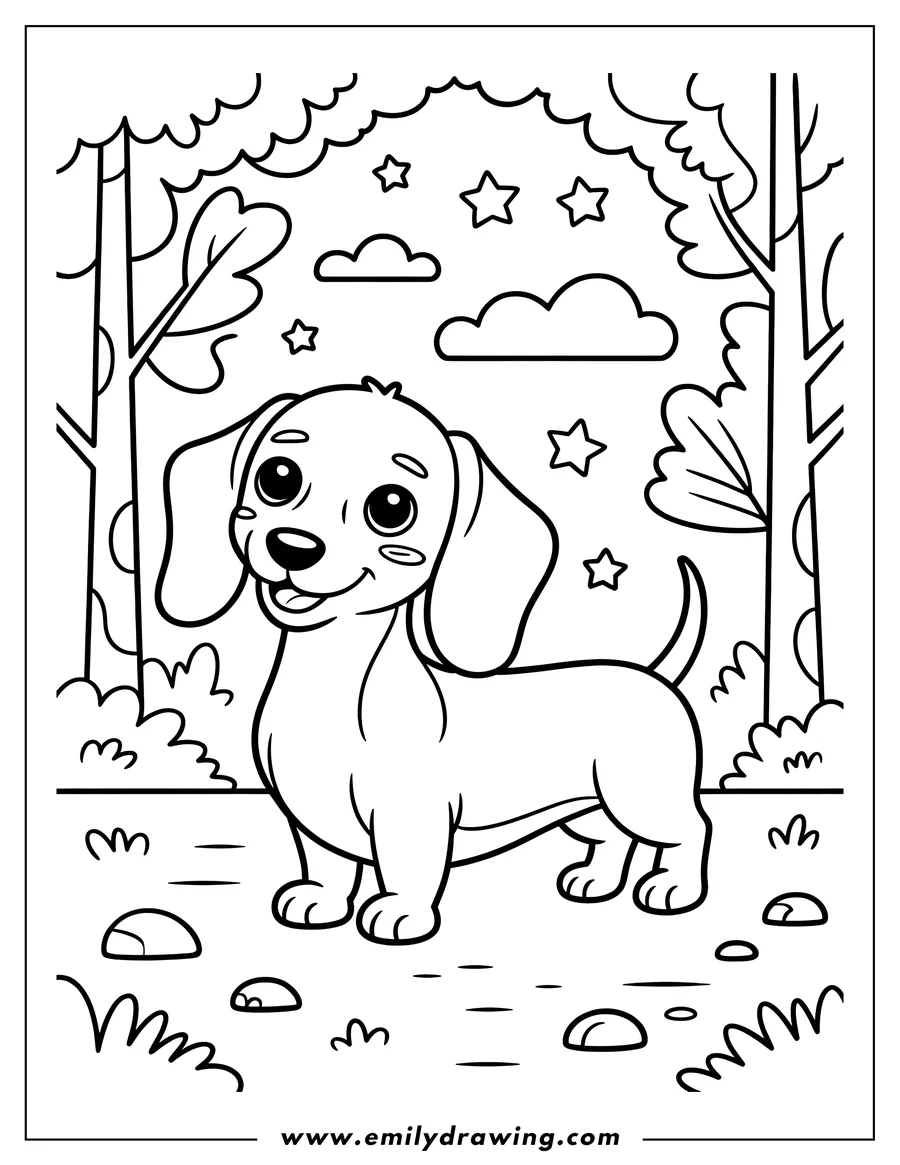Outline of a dachshund standing in a forest setting with stars and clouds overhead.