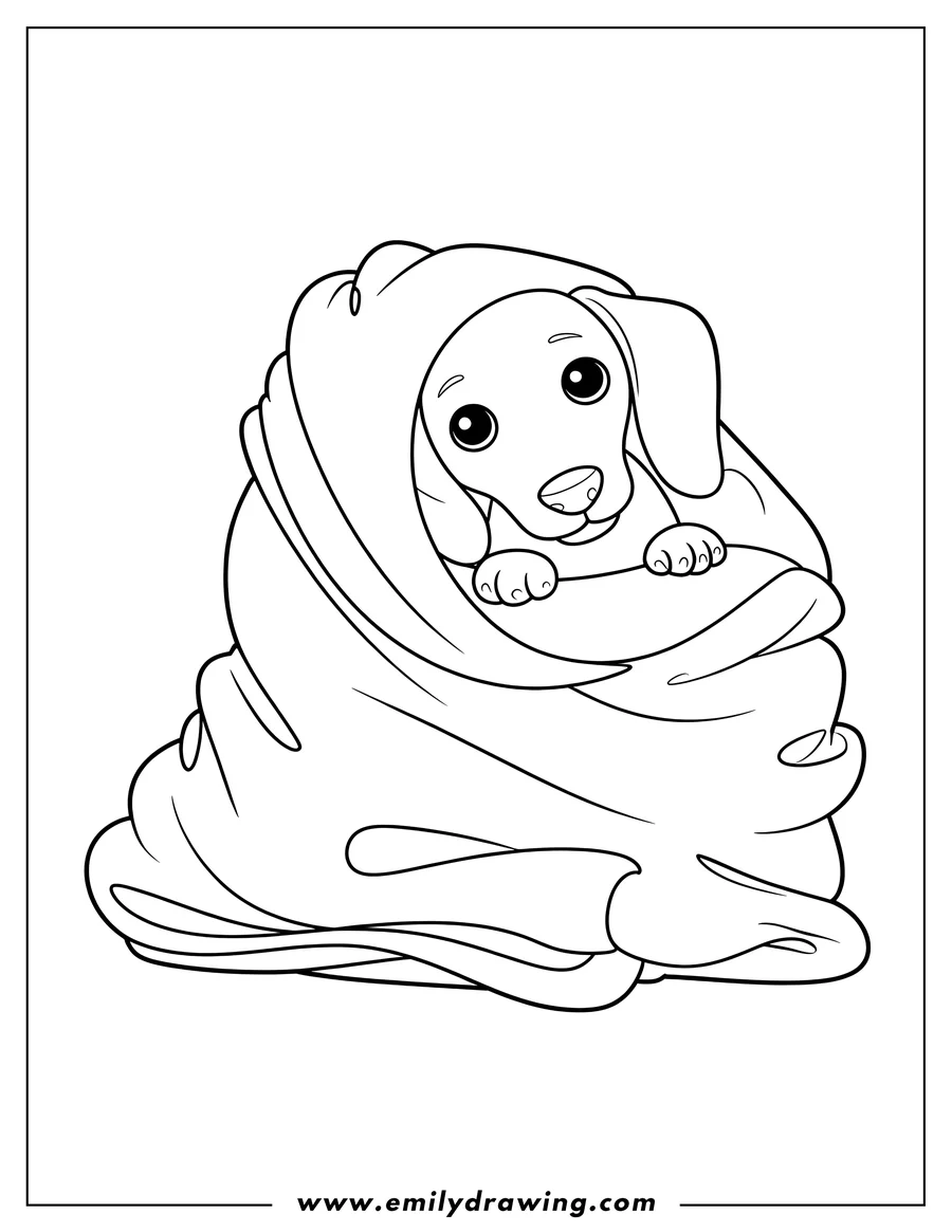 Outline of a dachshund puppy wrapped in a soft blanket.