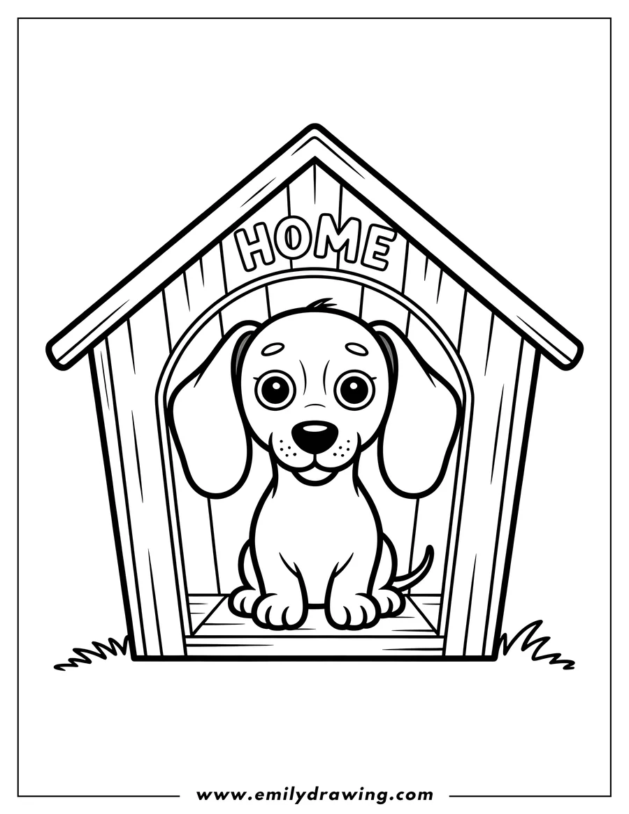 Outline of a dachshund sitting in its doghouse. The word