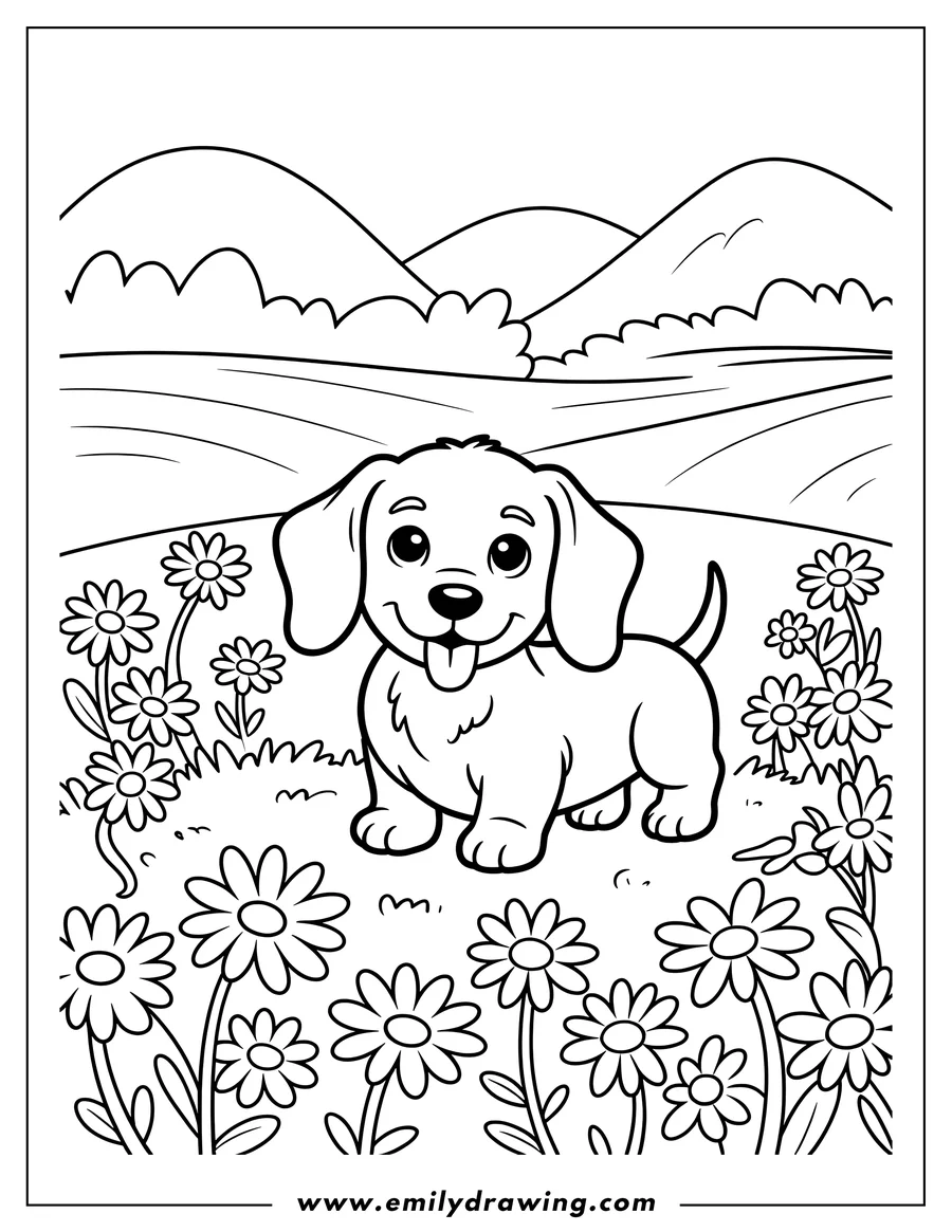 Outline of a dachshund standing in a field of flowers with rolling hills in the background.