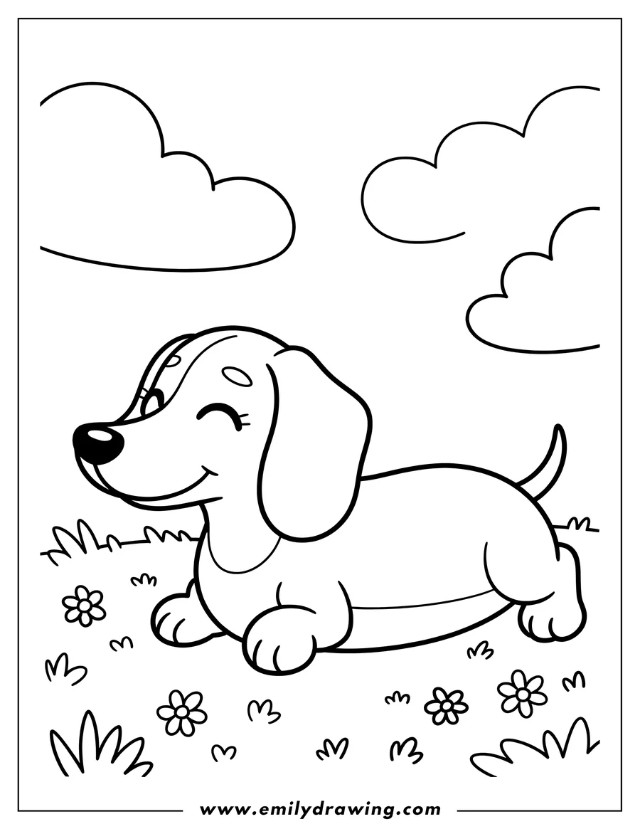 Outline of a dachshund lying in a patch of flowers and grass, with fluffy clouds in the sky.