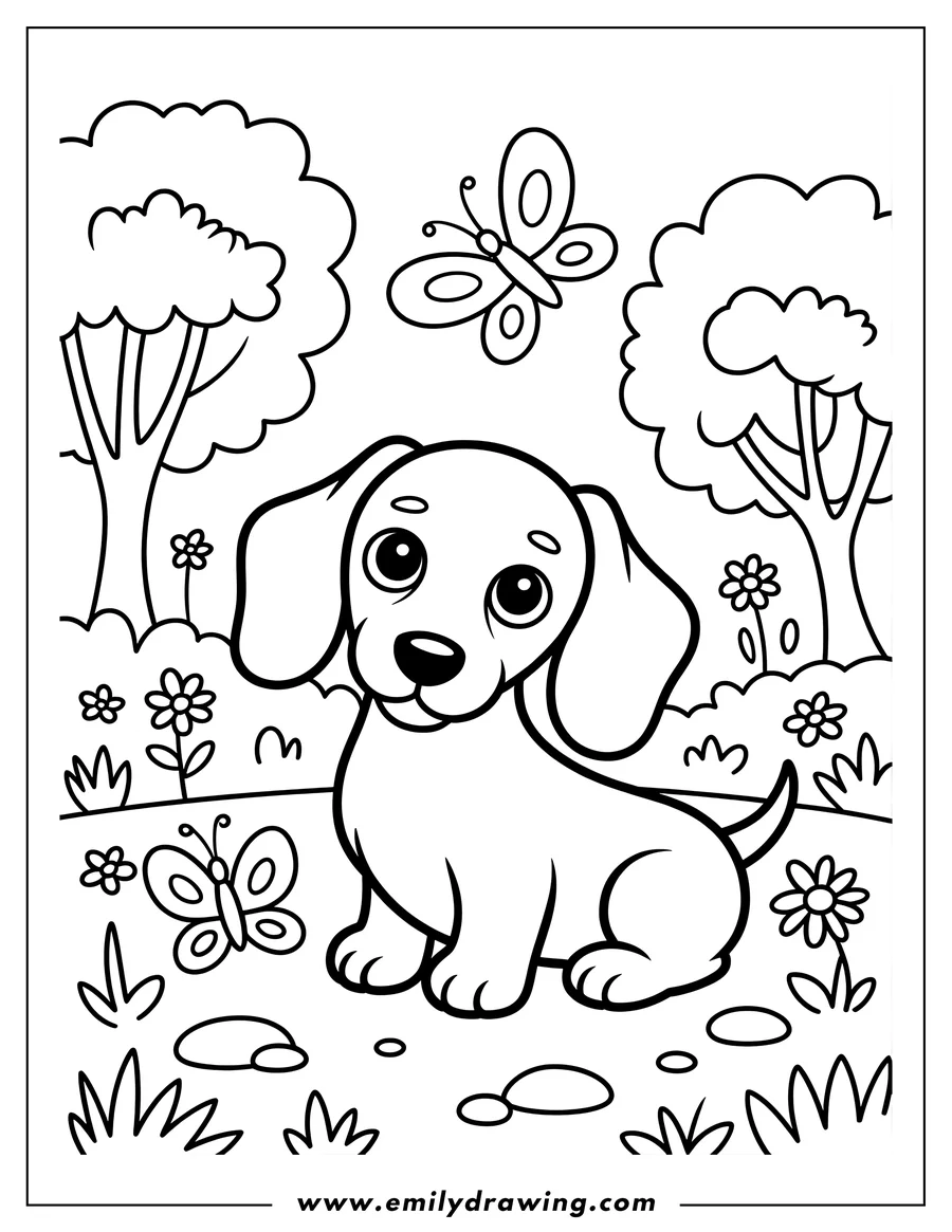 Outline of a dachshund sitting in a garden with butterflies and flowers.