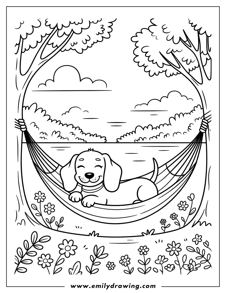 Outline of a dachshund lying and relaxing in a hammock strung between two trees, near a river. Flowers grow around the base of the trees.