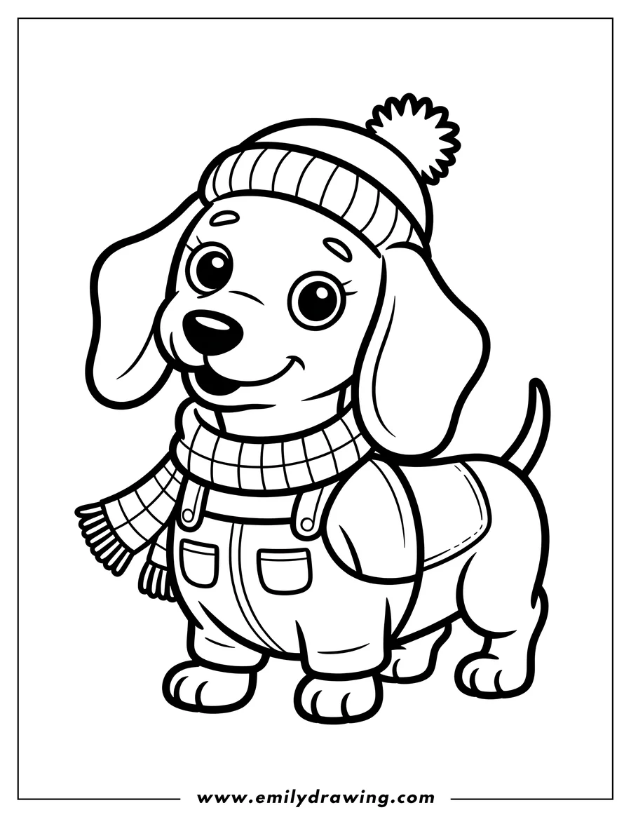 Outline of a dachshund wearing a winter hat, scarf, and overalls.