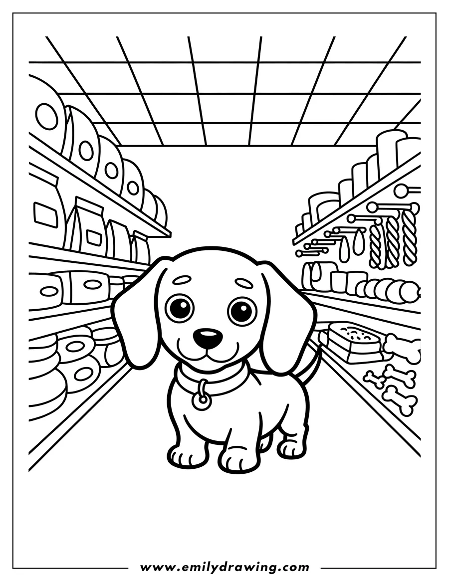 Line art of a dachshund puppy in a pet store, surrounded by shelves filled with pet food, toys, and bones.