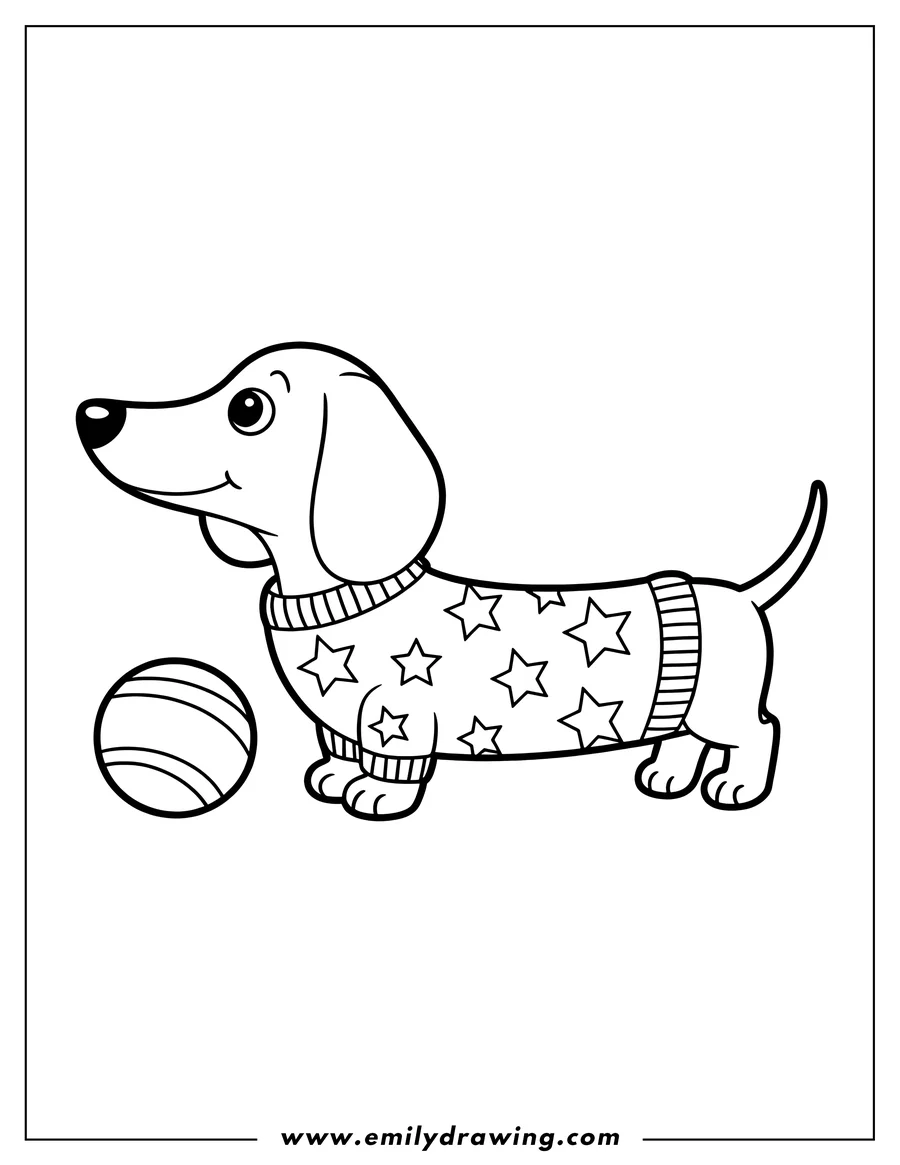 Line art of a dachshund wearing a sweater with stars and a ball beside it.