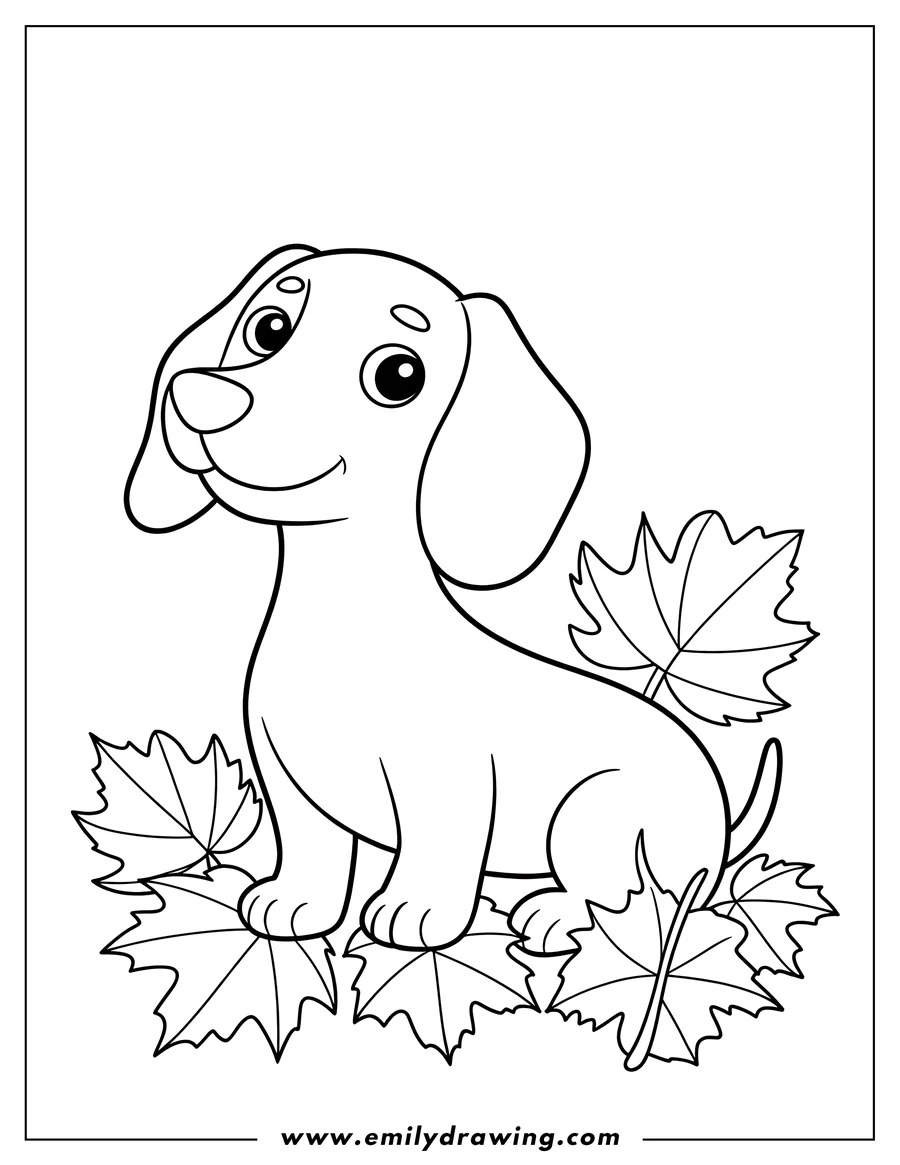 Outline of a dachshund sitting on autumn leaves. It has big eyes and a happy expression.