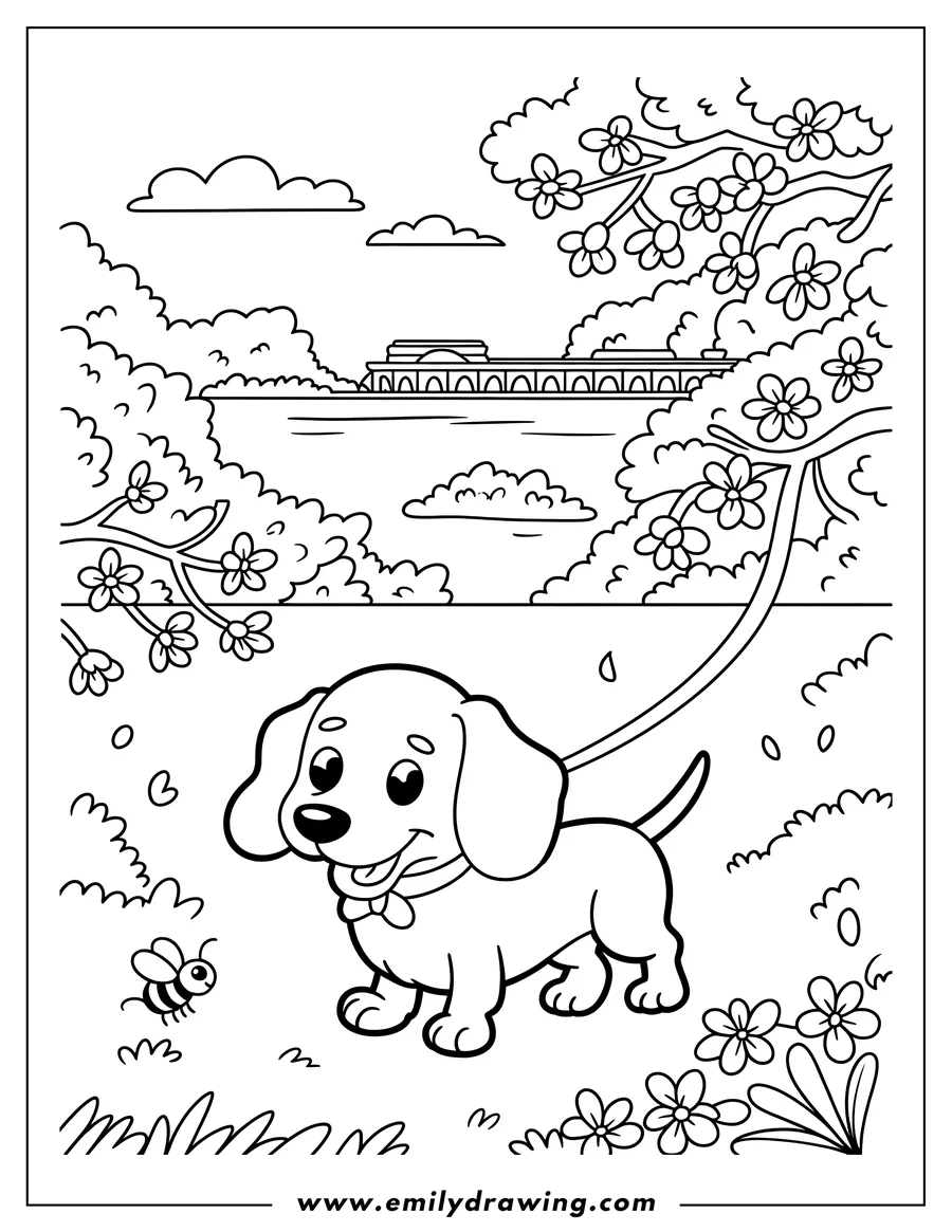 Outline of a dachshund on a leash walking in a park setting with flowers, trees, and a bridge in the background.