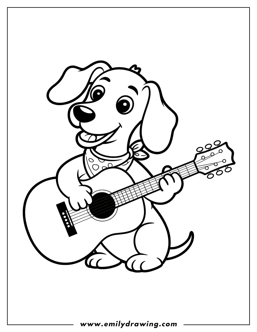 Line art of a dachshund playing an acoustic guitar. The dog is wearing a spotted bandana and looks happy.