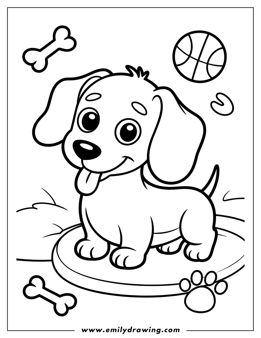 Line art of a dachshund puppy with its tongue out.