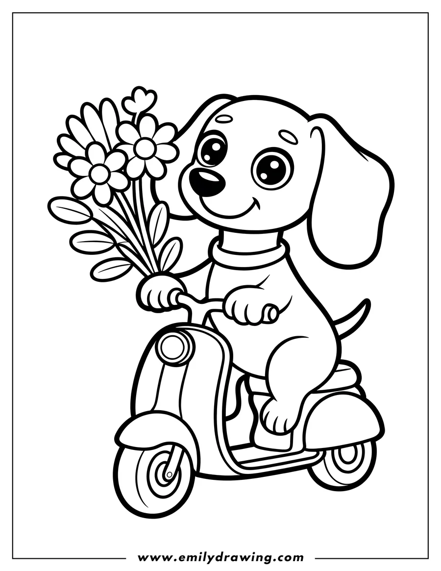 Outline of a dachshund riding a scooter and holding a bouquet of flowers.