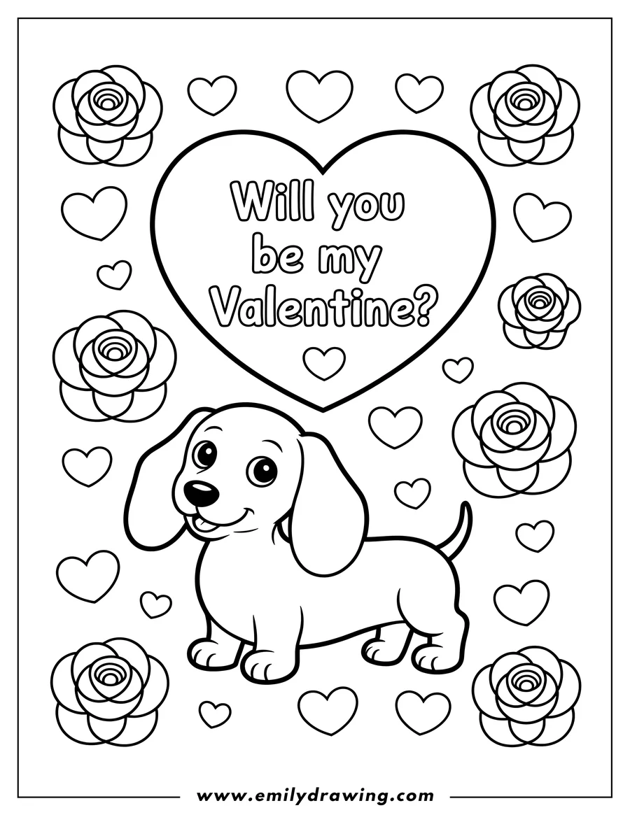 Line art of a dachshund with a heart-shaped message saying
