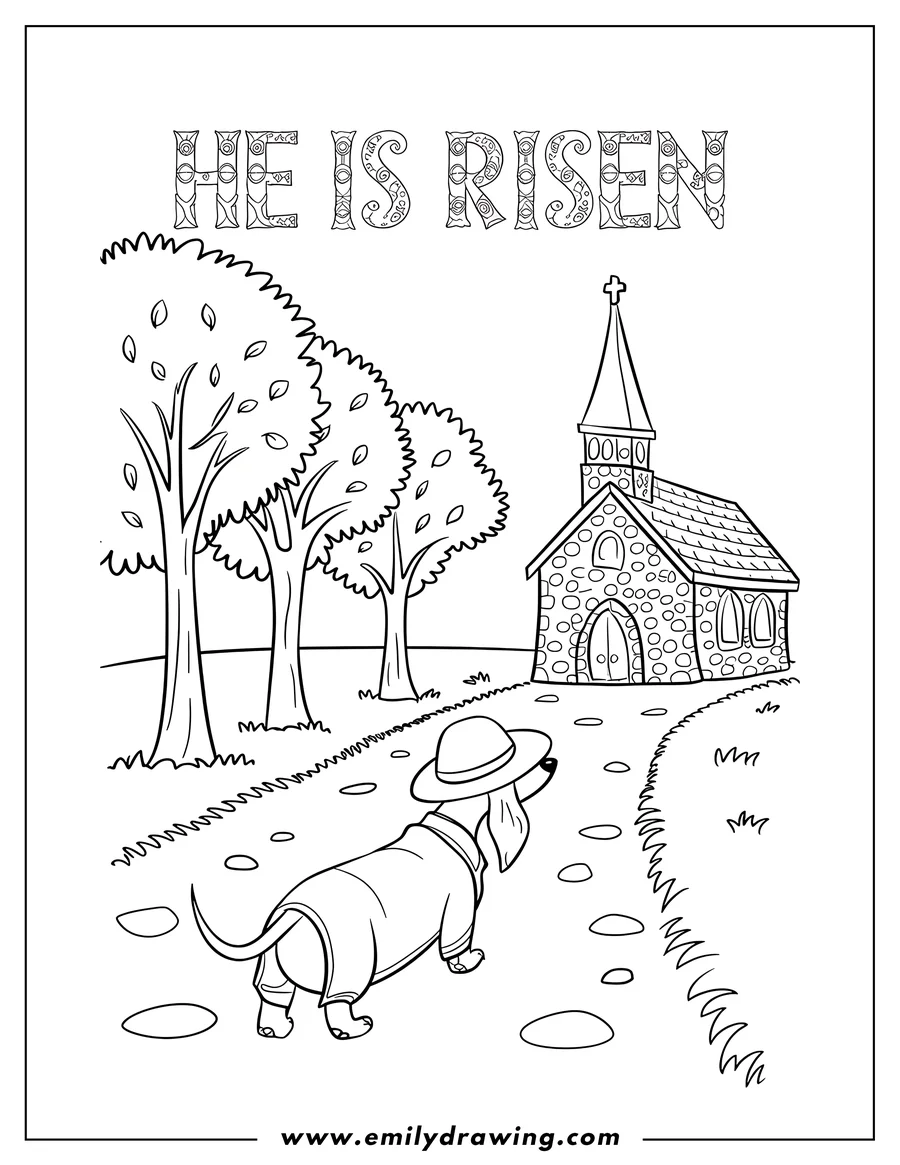 Line art of a dachshund wearing a hat and jacket, walking towards a small stone church with a steeple. Two trees flank the path.
