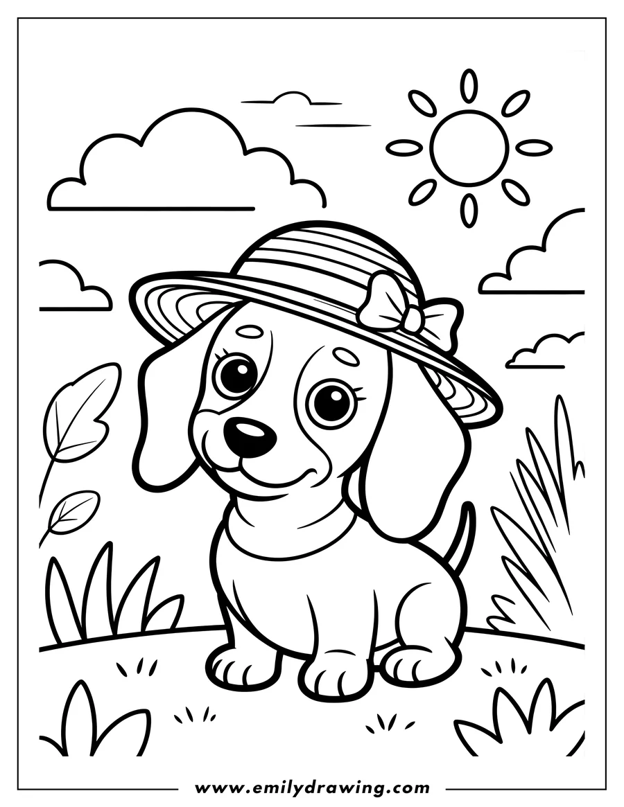 Outline of a dachshund wearing a large sun hat with a bow, sitting in grass under a sunny sky.
